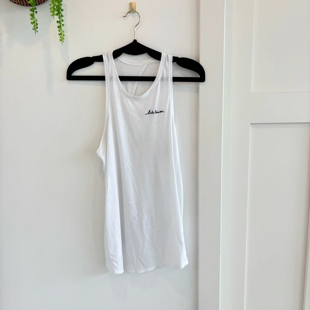 Lululemon All Tied Up White Womens Racerback Tank Top Embroidered Logo Open Back